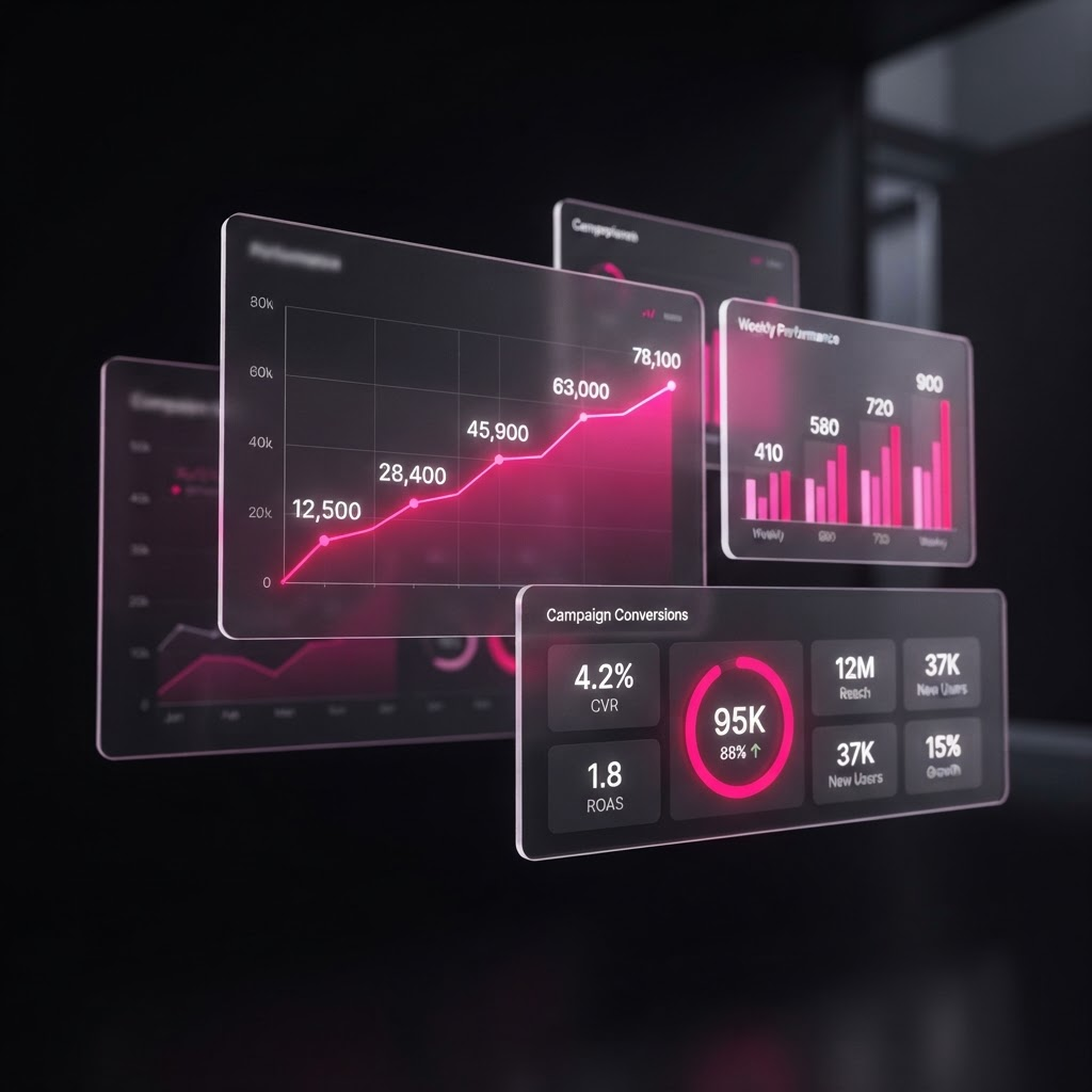 Painel abstrato com gráficos de crescimento e métricas de campanhas digitais