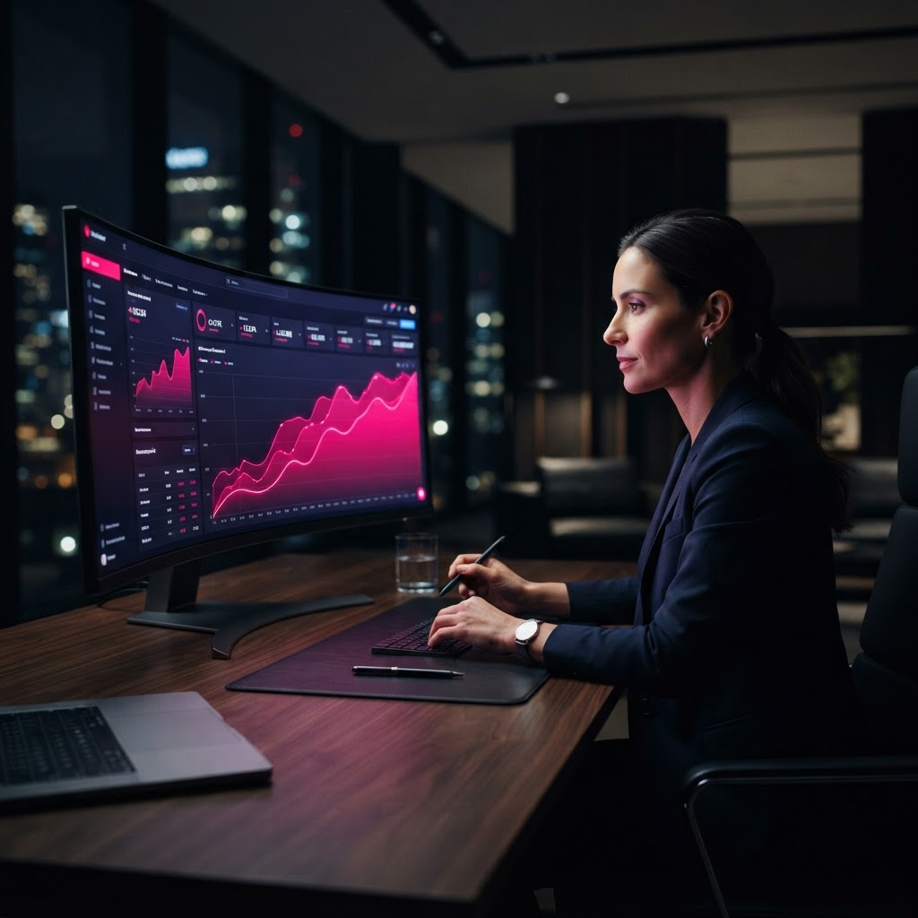 Consultor da KANOBR analisando o crescimento de performance em dashboard